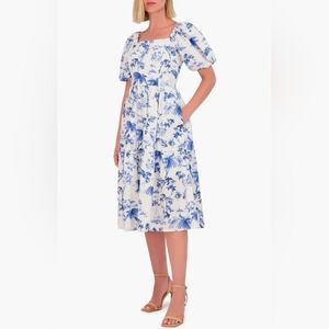 Nwt Vince Camuto Puff Sleeve Floral Midi Dress Size 14